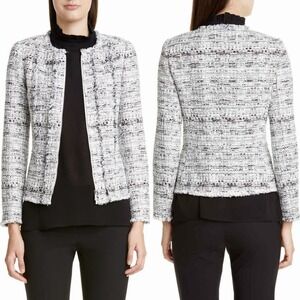 Lafayette 148 Sz 8 Noelle Tweed Boucle Peplum Jacket Black White Office Career